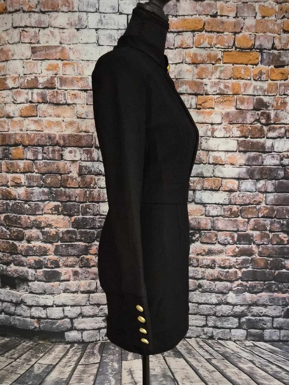AKIRA Black Long-Sleeve Mini Dress with Gold Button Accents - Picture 5 of 10